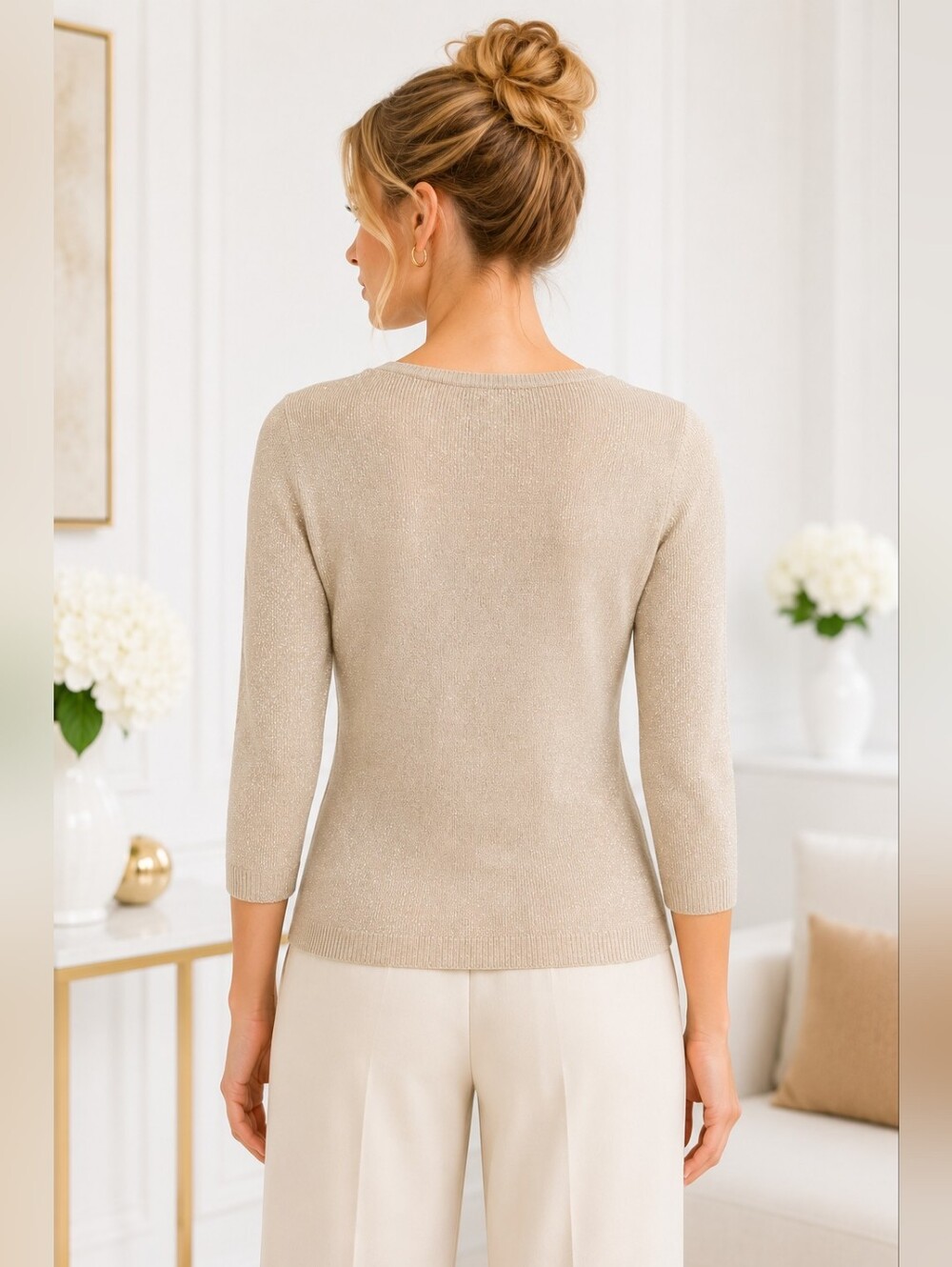 August Silk | Beige Shimmer Knit Top  Pearl Embellished 3/4 Sleeve Size: M - Picture 2 of 8